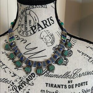 Bohemian Blue and Green Stone Layered Necklace. Sterling Plated.